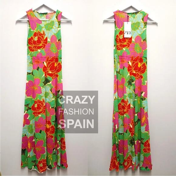 ZARA PINK AND GREEN FLORAL LIMITED EDITION MAXI DRESS SIZE SMALL - Picture 1 of 5